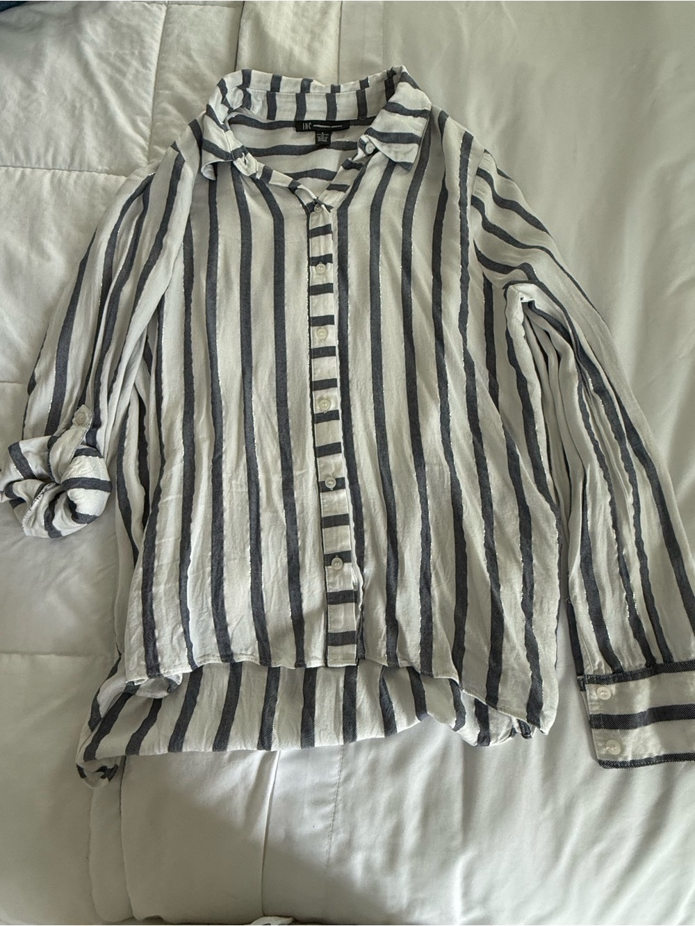 INC Navy White Striped Button-Down Shirt-Roll-Tab Sleeves- Size S